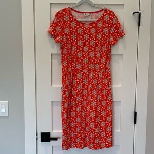 Boden Jersey day dress. Orange/blue/white fun print, Size 8